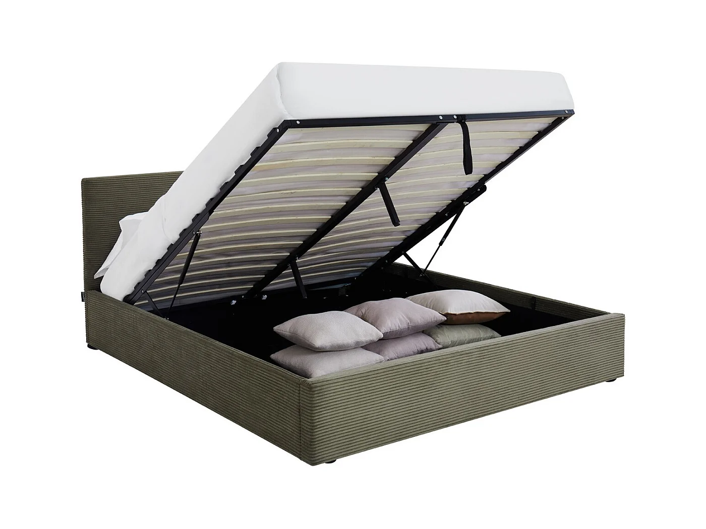 Lit coffre adulte 160x200 cm avec tête de lit matelassée en velours côtelé vert et sommier - Tina