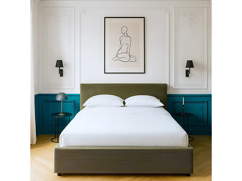 Lit coffre adulte 160x200 cm avec tête de lit matelassée en velours côtelé vert et sommier - Tina