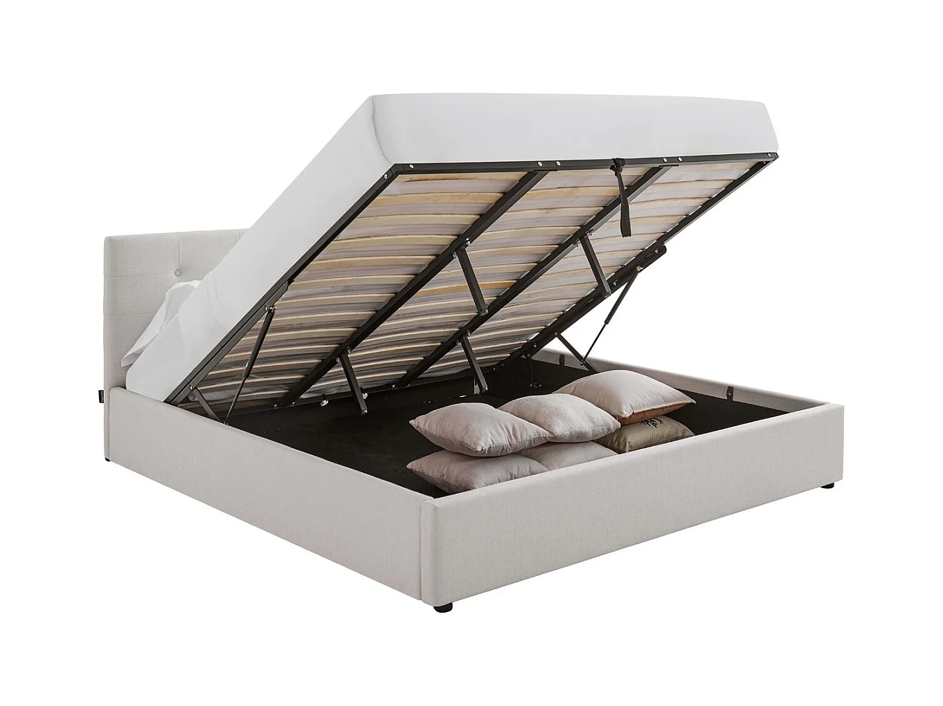 Lit coffre adulte 180x200 cm avec tête de lit matelassée en tissu beige et sommier - Tina
