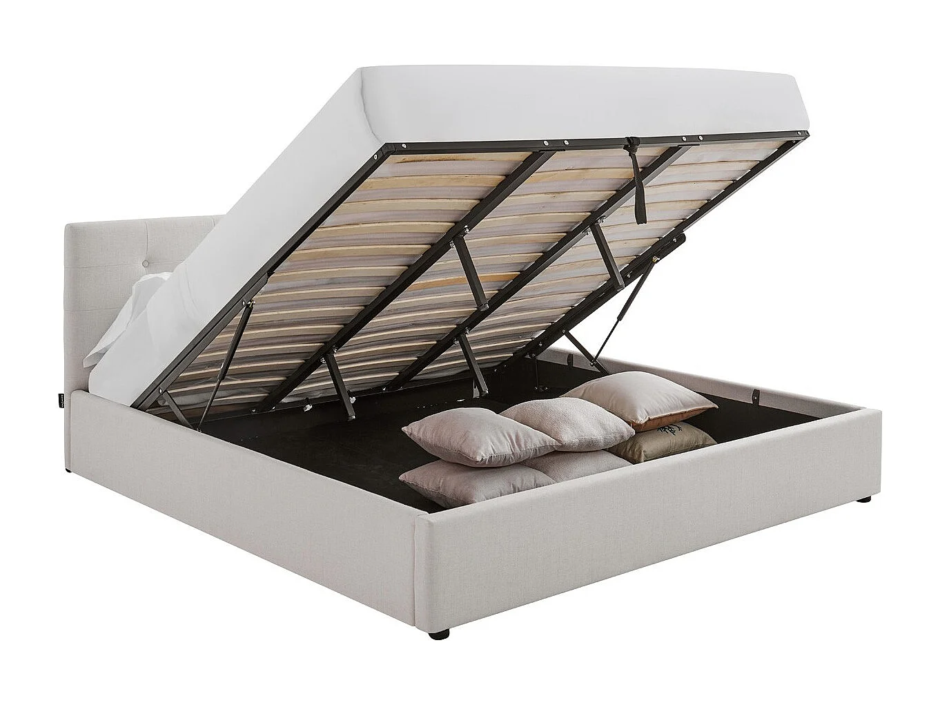 Lit coffre adulte 180x200 cm avec tête de lit matelassée en tissu beige et sommier - Tina
