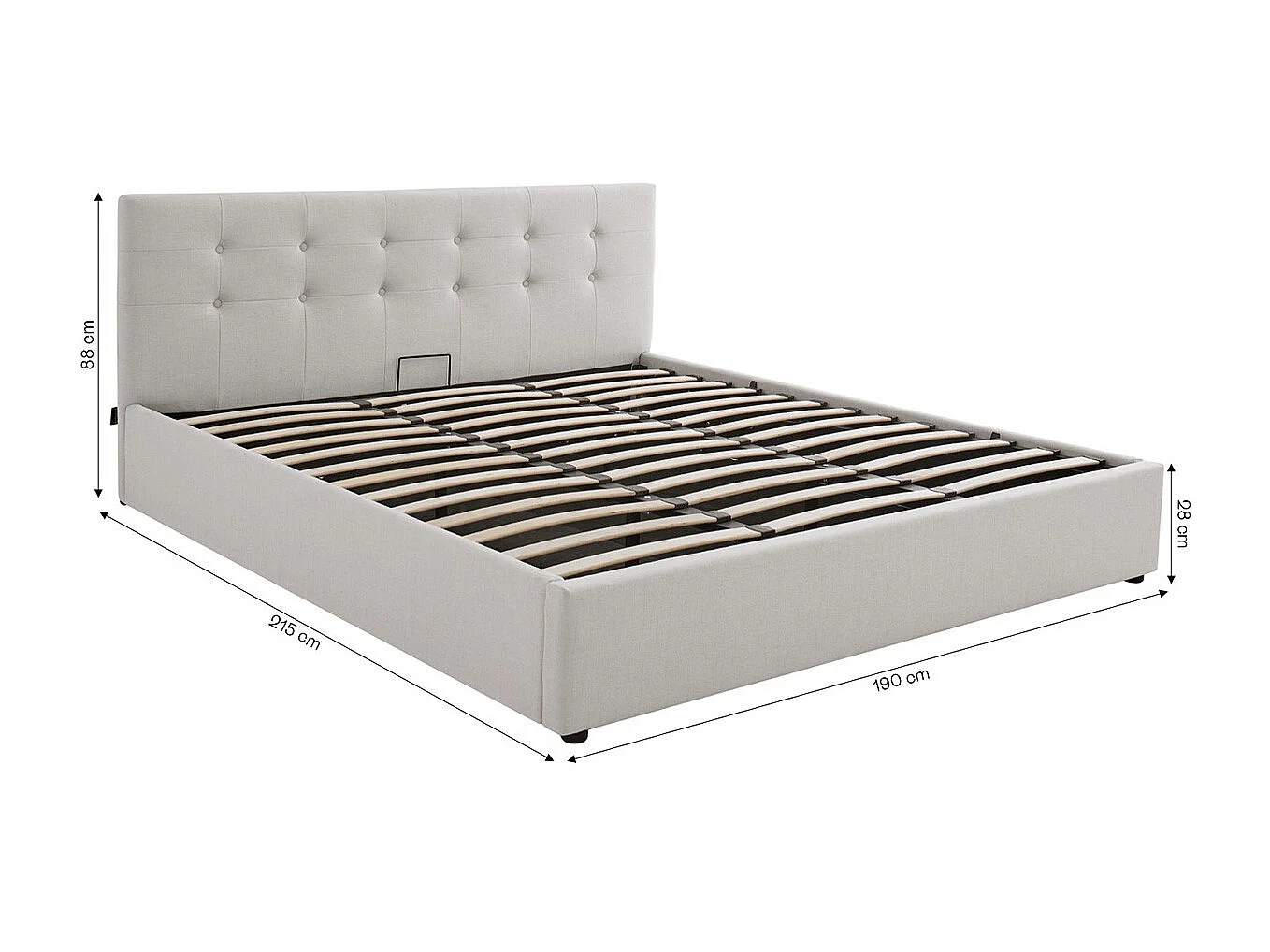 Lit coffre adulte 180x200 cm avec tête de lit matelassée en tissu beige et sommier - Tina