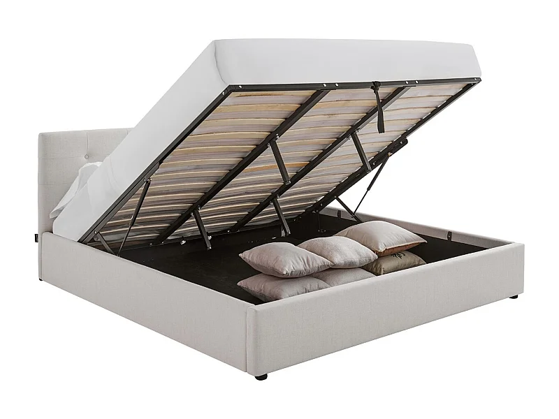 Lit coffre adulte 180x200 cm avec tête de lit matelassée en tissu beige et sommier - Tina