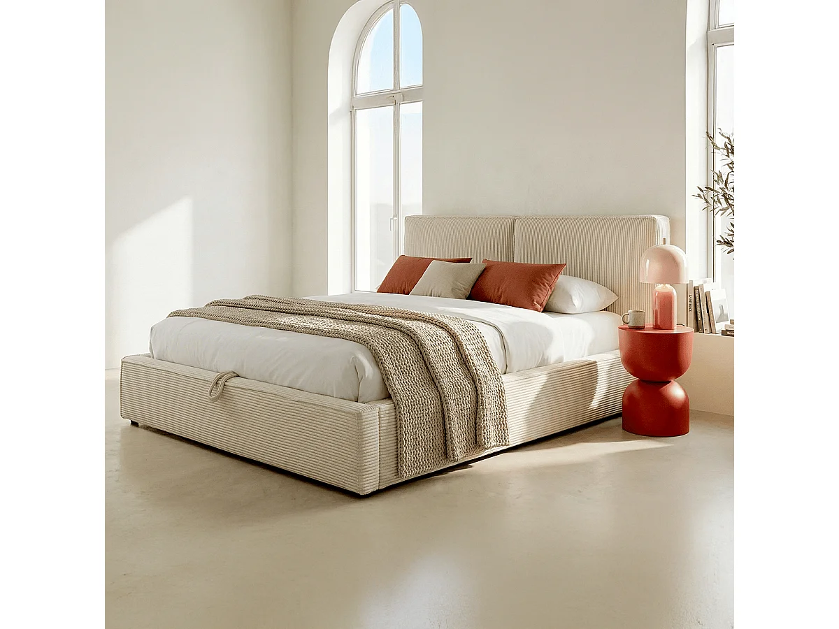 Lit coffre adulte 160x200 cm avec sommier et tête de lit matelassée en velours côtelé beige - Arno