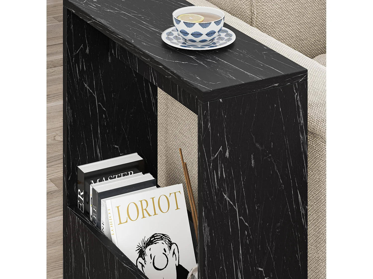 Decortie Effet Marbre Noir Brillant 20x55x60cm Table d'appoint avec étagère en aggloméré Table d'appoint rectangulaire Simpi