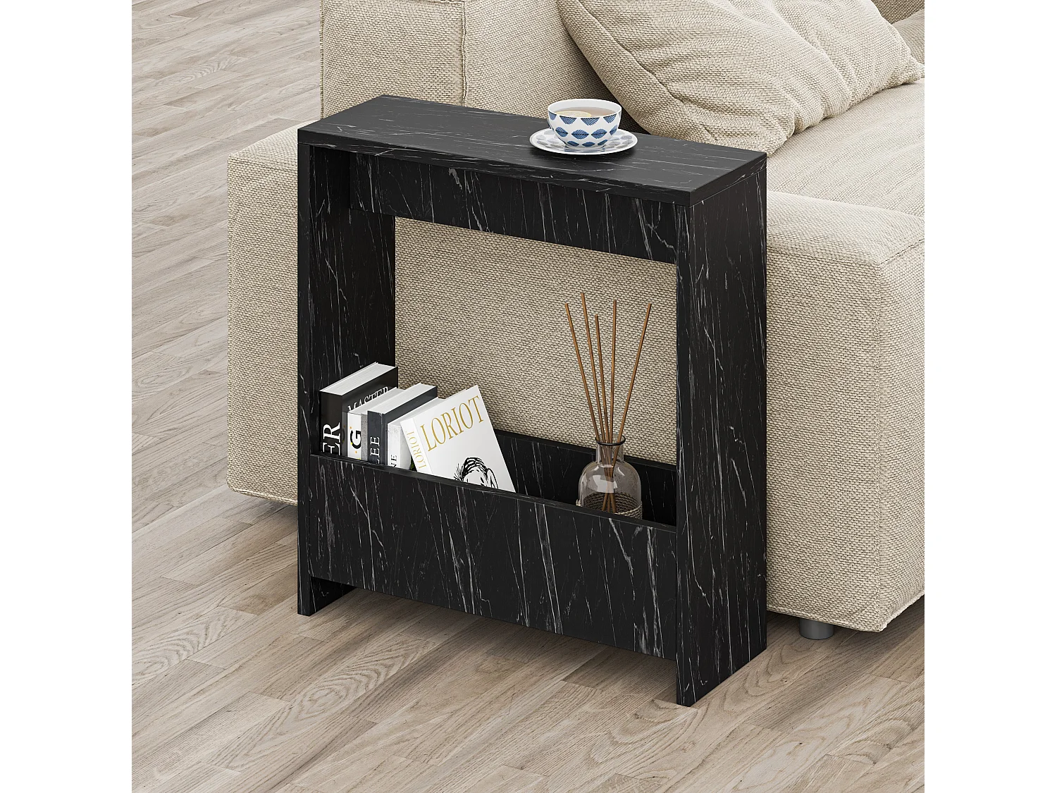 Decortie Effet Marbre Noir Brillant 20x55x60cm Table d'appoint avec étagère en aggloméré Table d'appoint rectangulaire Simpi