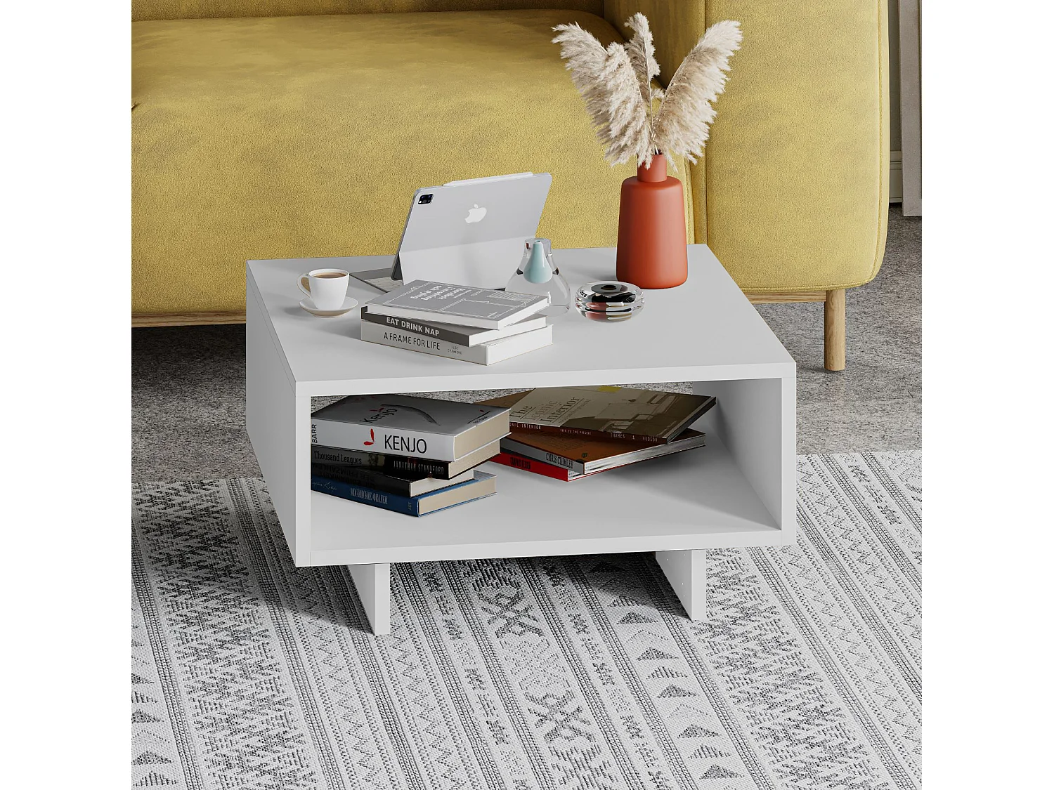 Decortie Blanc 60x60x32cm Table basse, panneau de particules Table centrale rectangulaire Rangement Hola
