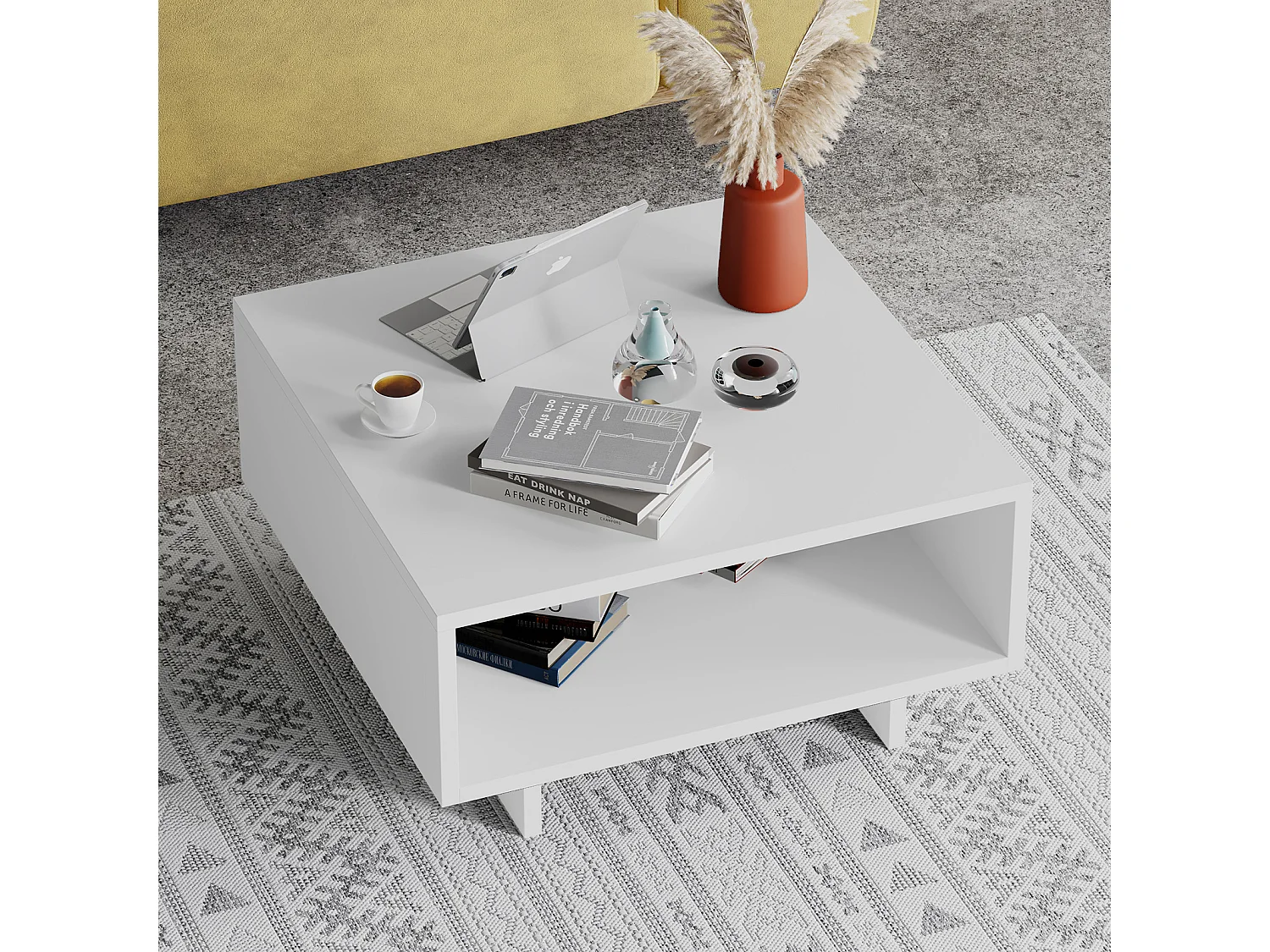 Decortie Blanc 60x60x32cm Table basse, panneau de particules Table centrale rectangulaire Rangement Hola