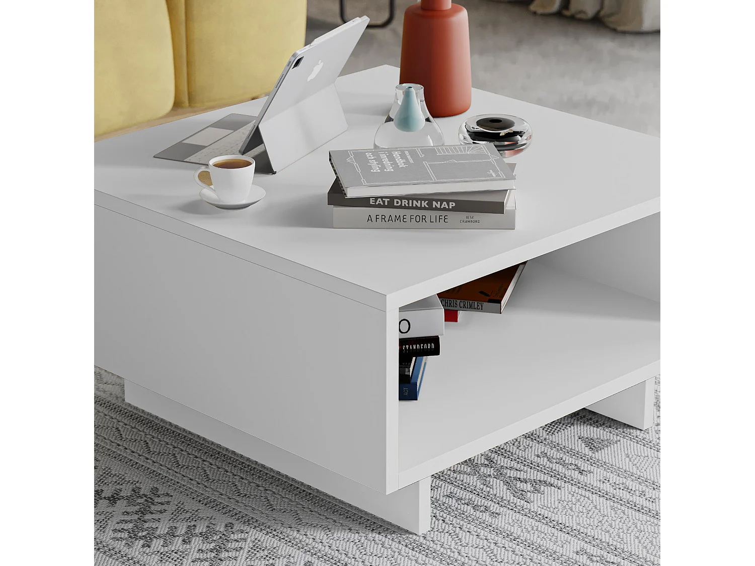 Decortie Blanc 60x60x32cm Table basse, panneau de particules Table centrale rectangulaire Rangement Hola