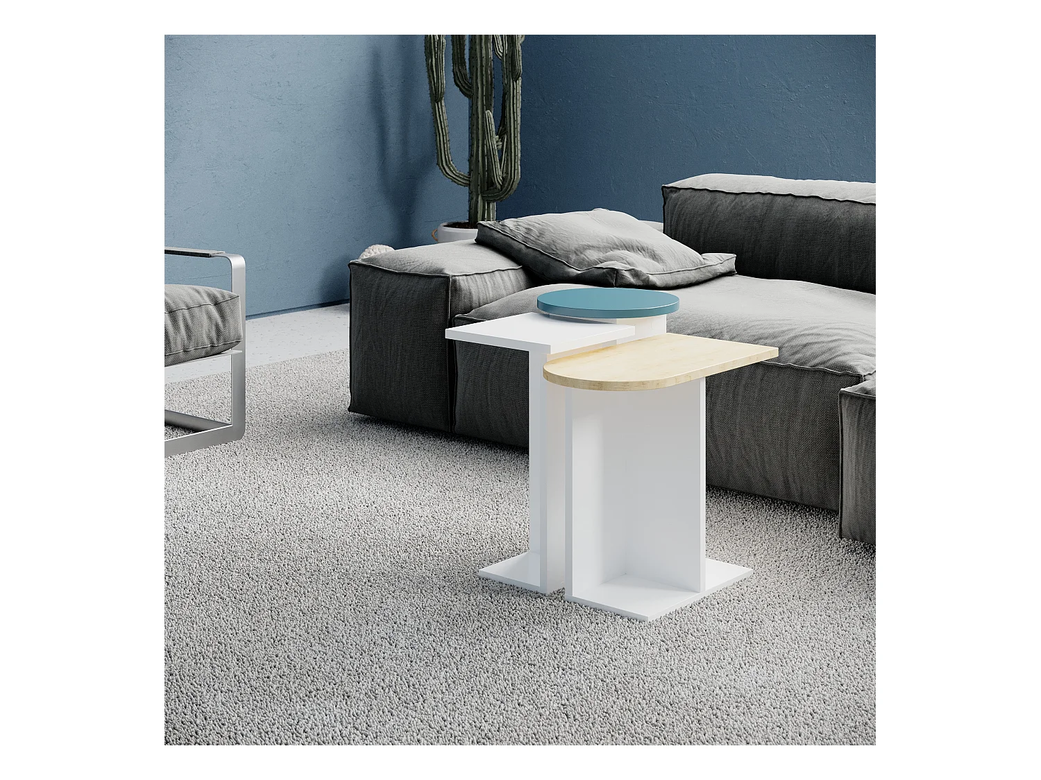 Beistelltisch MUND-Weiß-Eiche-Türkisblau - 50 x 27 x 46 cm