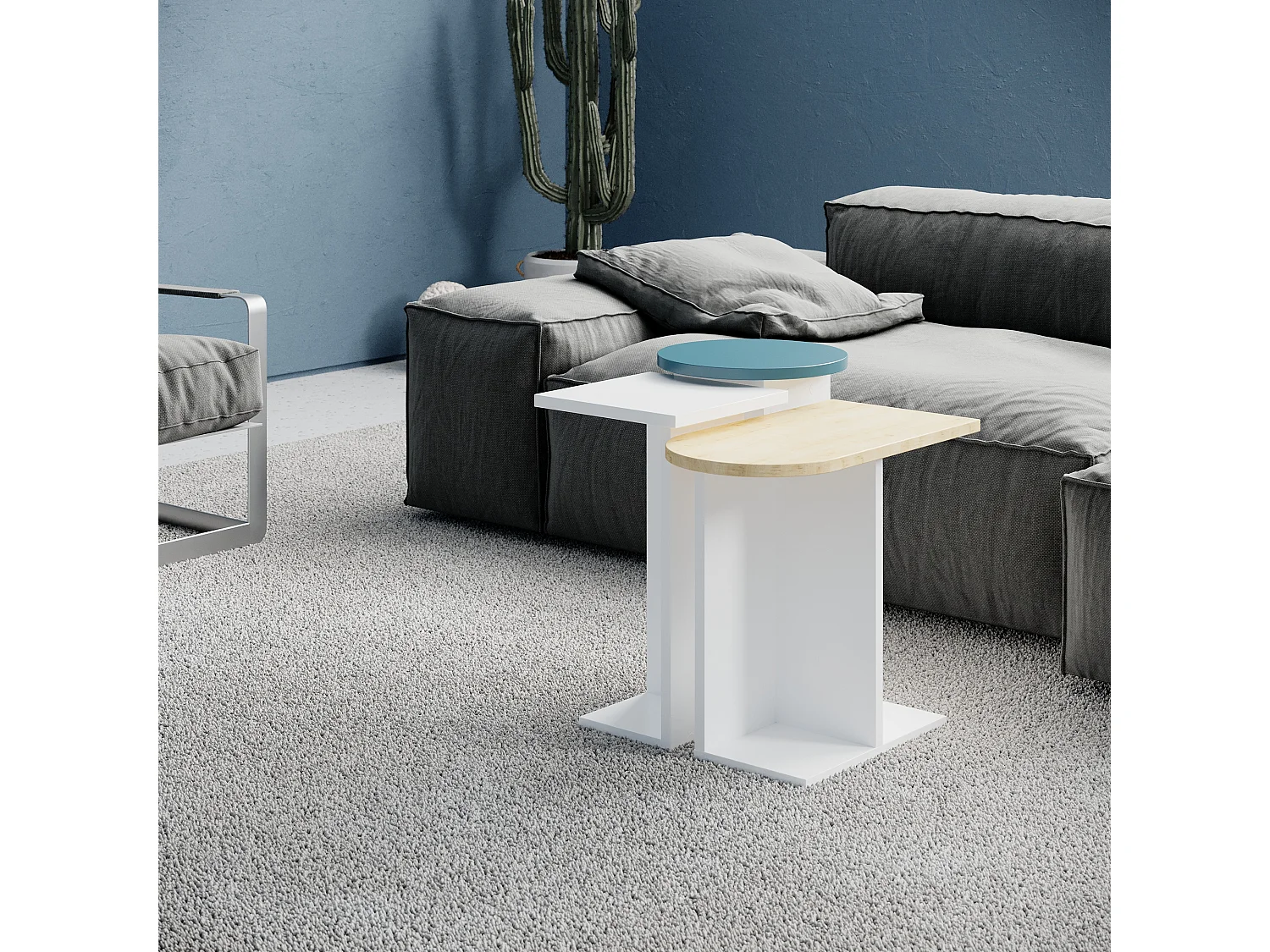 Beistelltisch MUND-Weiß-Eiche-Türkisblau - 50 x 27 x 46 cm