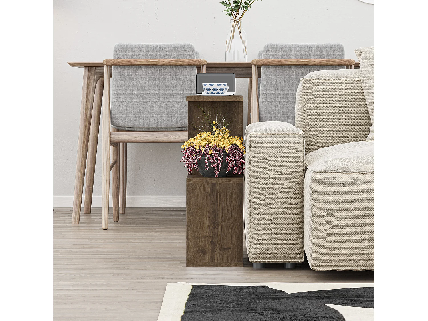 Decortie Effet Chêne Foncé 19.5x60x60cm Table d'appoint à 2 niveaux, panneau de particules Table latérale rectangulaire Homemania