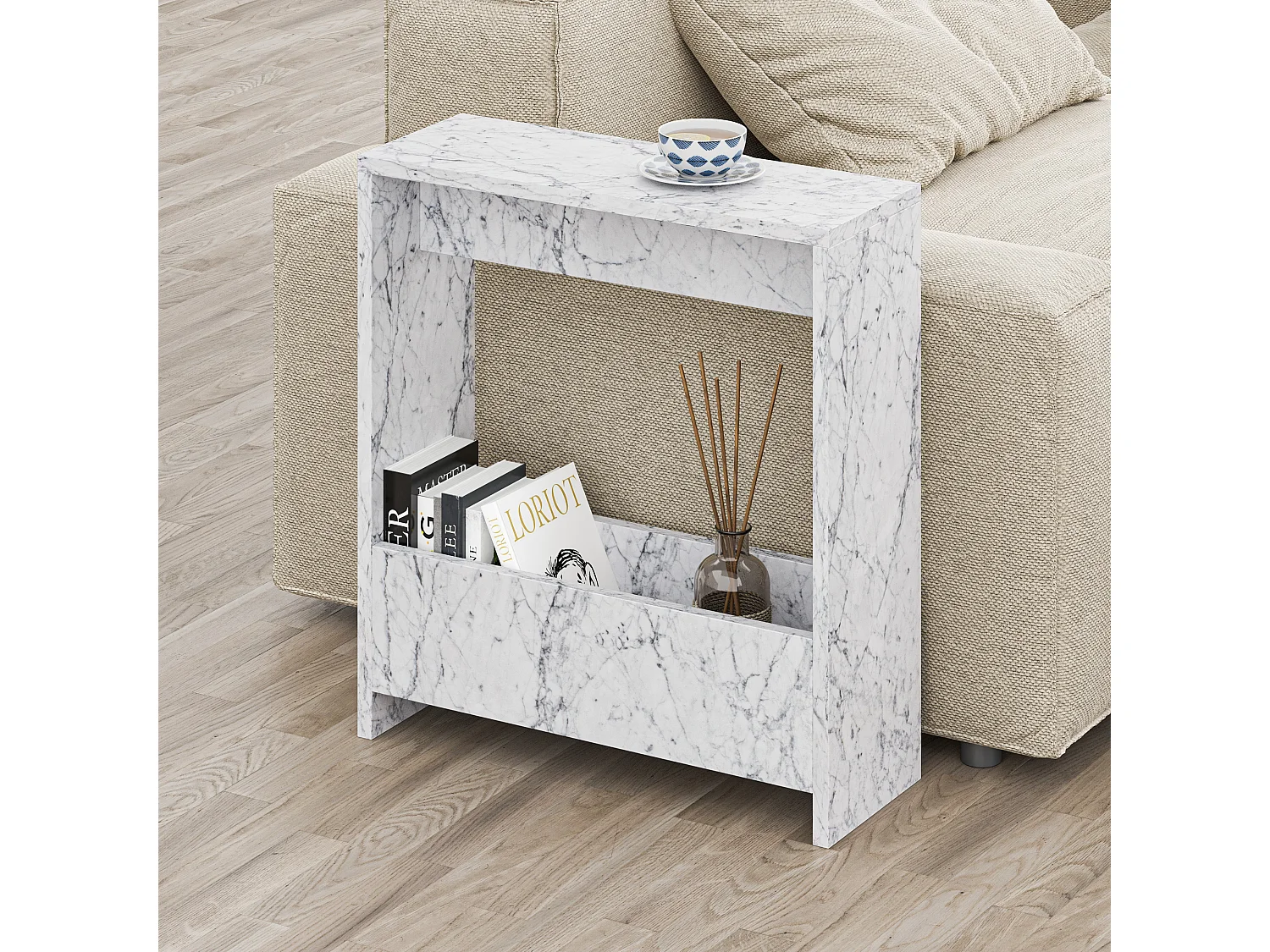 Decortie Effet Marbre Blanc 20x55x60cm Table d'appoint avec étagère en aggloméré Table d'appoint rectangulaire Simpi