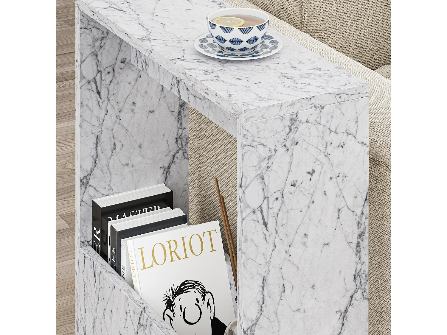 Decortie Effet Marbre Blanc 20x55x60cm Table d'appoint avec étagère en aggloméré Table d'appoint rectangulaire Simpi