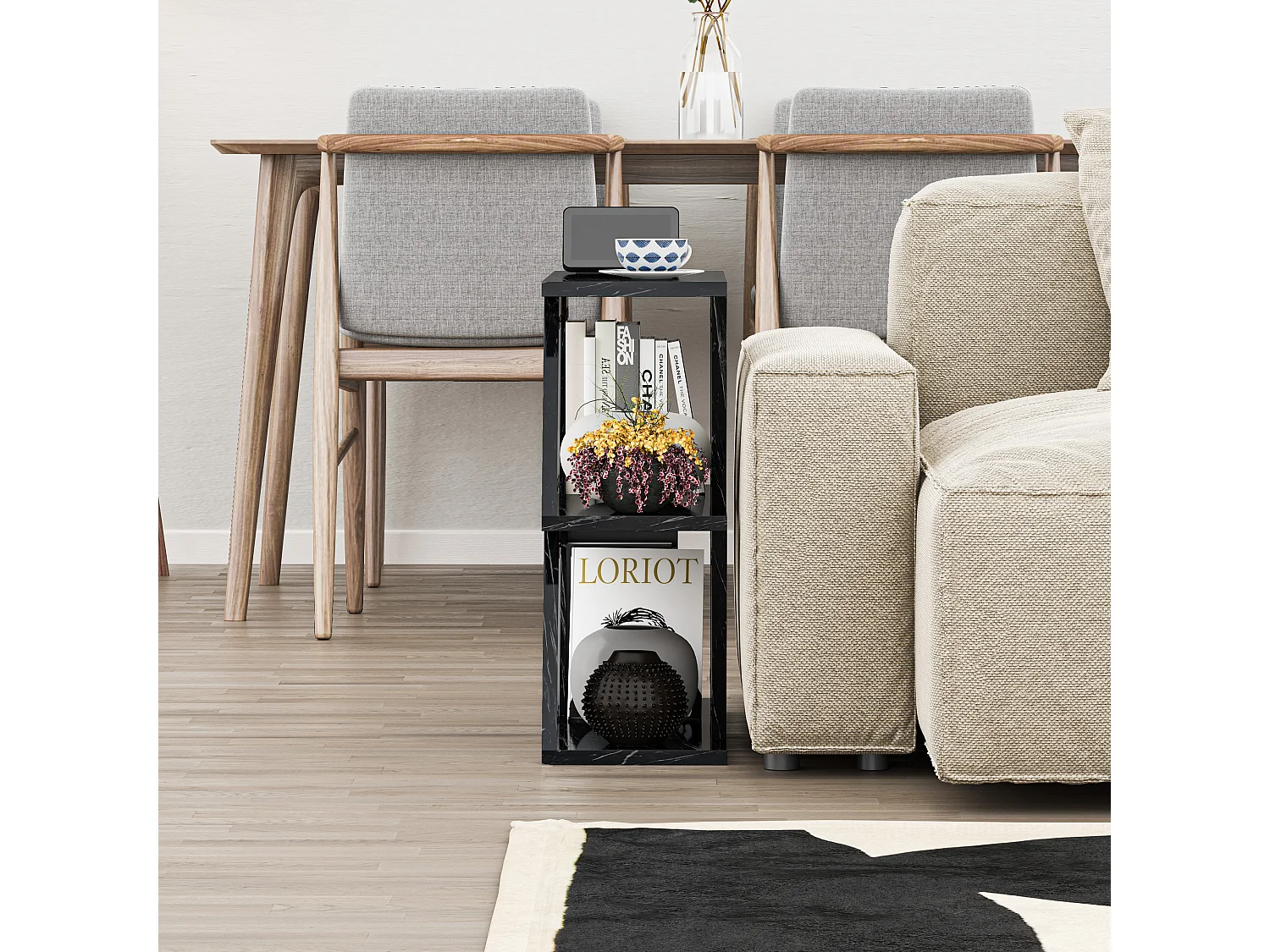 Decortie Effet Marbre Noir Mat 21.2x60x55.4cm Table d'appoint à 2 niveaux Panneau de particules Table d'appoint rectangulaire