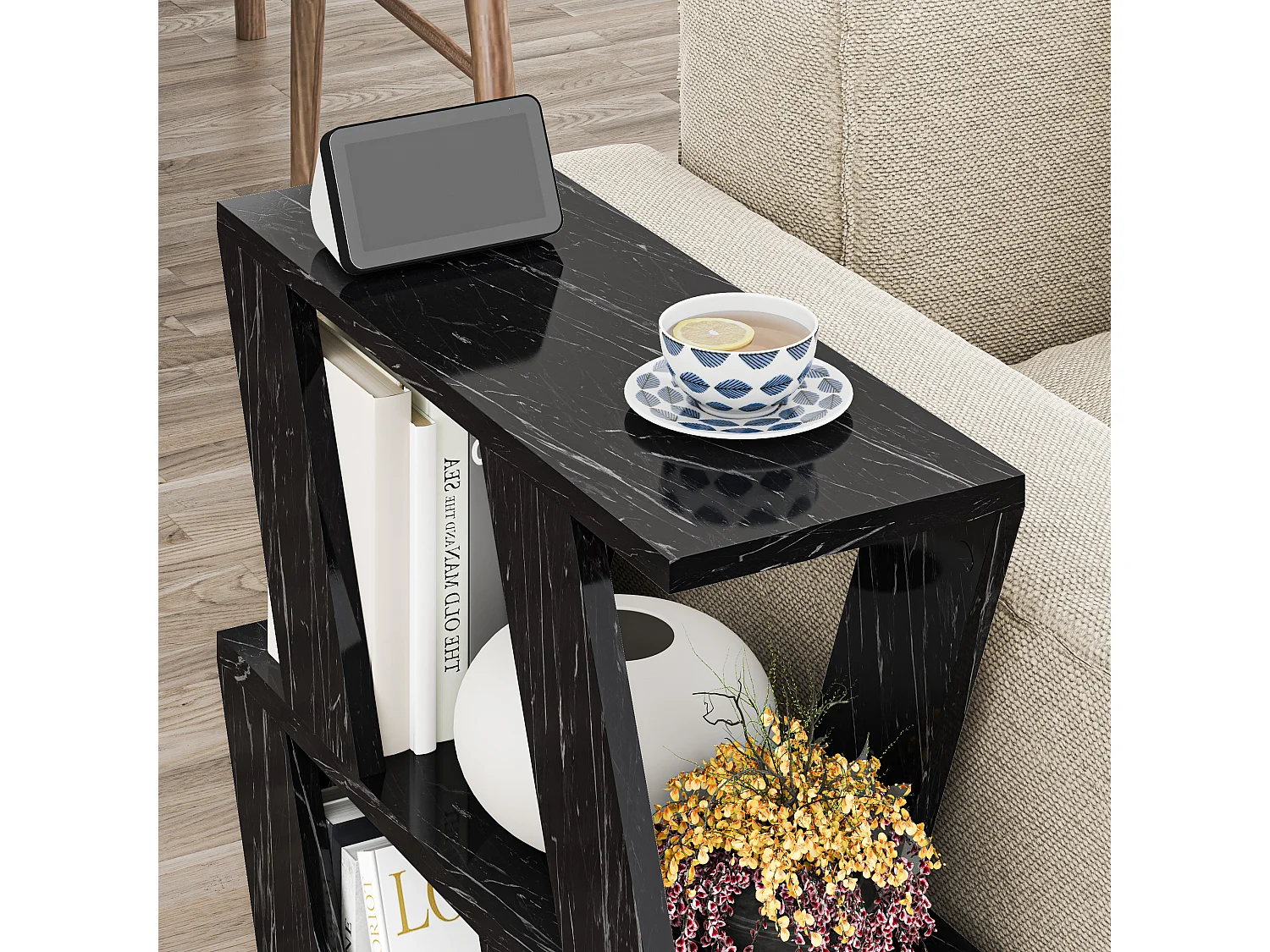 Decortie Effet Marbre Noir Mat 21.2x60x55.4cm Table d'appoint à 2 niveaux Panneau de particules Table d'appoint rectangulaire