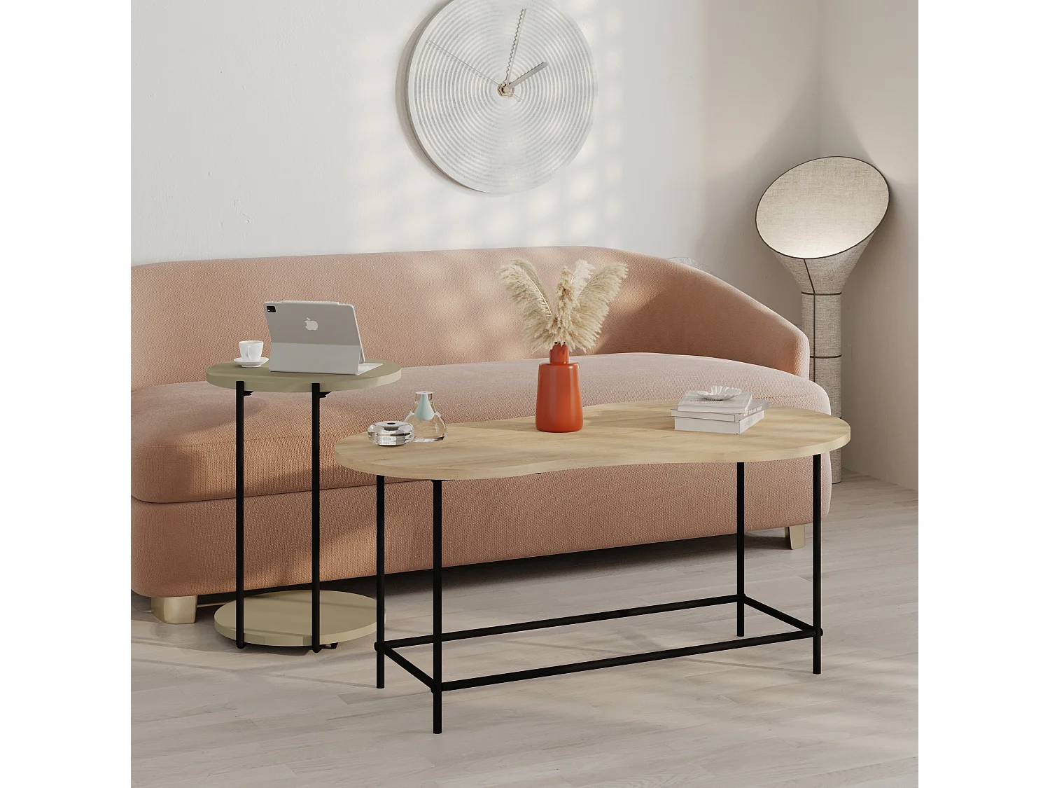 Decortie Chêne, Vert Cendré 65x102.5x53.8cm Tables gigognes 2 pièces Panneau de particules, Métal Table basse de rangement Cuddle