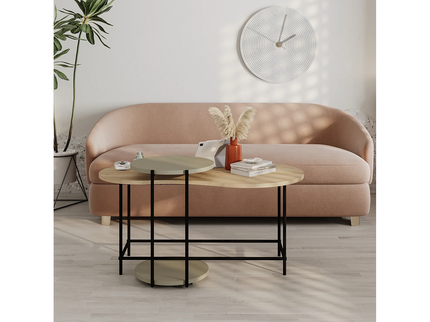 Decortie Chêne, Vert Cendré 65x102.5x53.8cm Tables gigognes 2 pièces Panneau de particules, Métal Table basse de rangement Cuddle