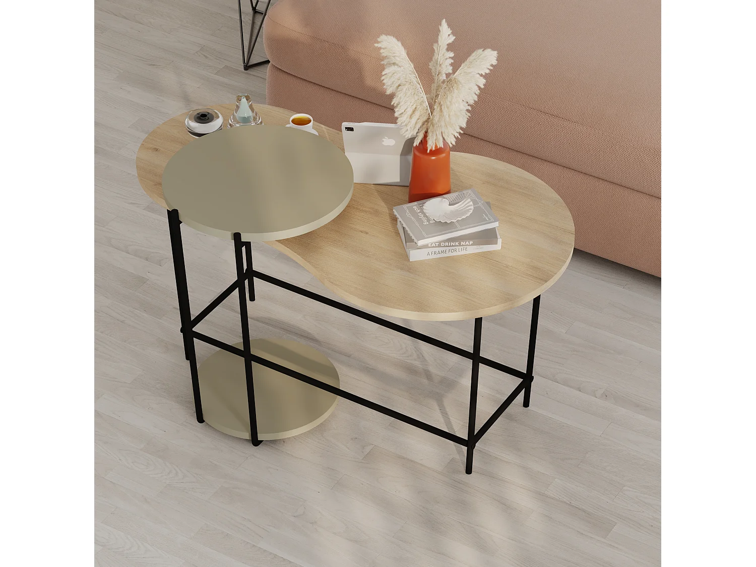 Decortie Chêne, Vert Cendré 65x102.5x53.8cm Tables gigognes 2 pièces Panneau de particules, Métal Table basse de rangement Cuddle