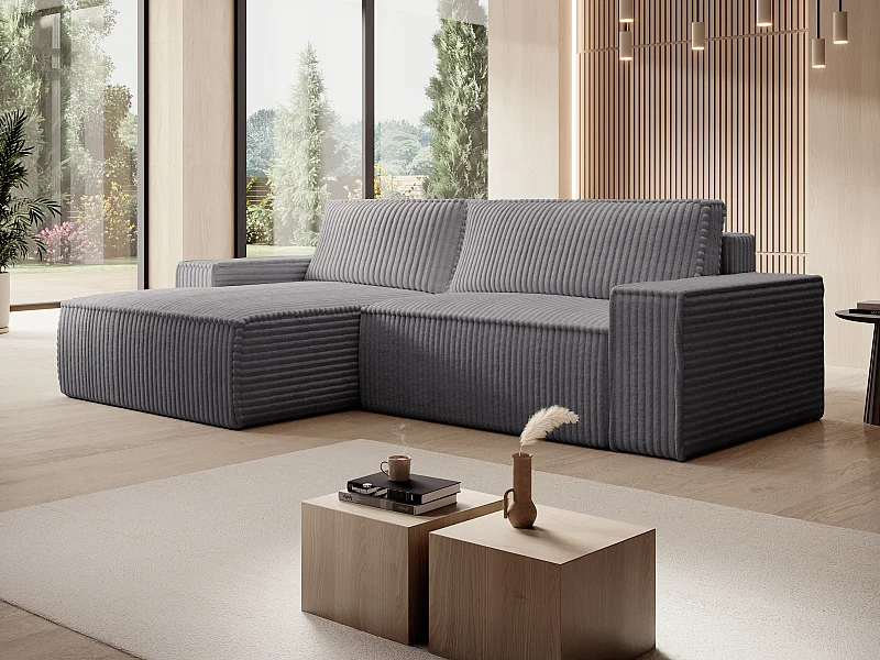 Ecksofa mit Schlaffunktion - Ecke links - grob gerippter Cord - Anthrazitgrau - AMELIA
