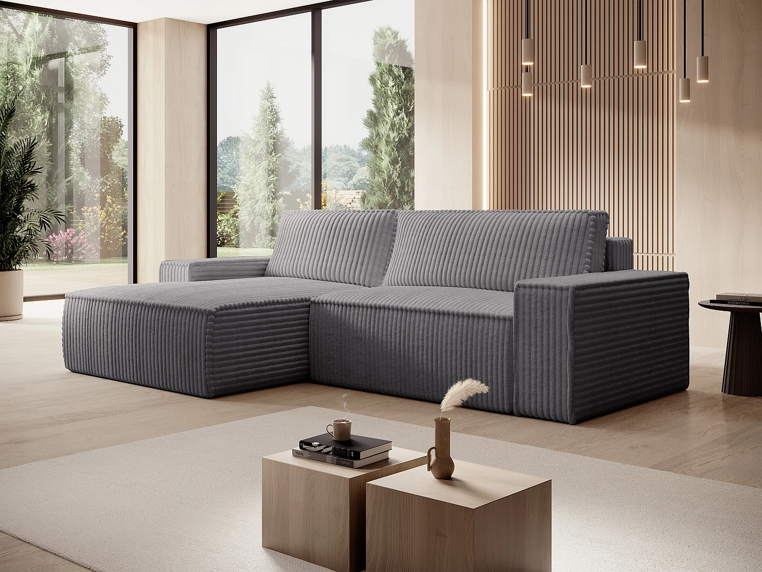 Canapé d'angle gauche convertible en velours côtelé grosses côtes gris anthracite AMELIA