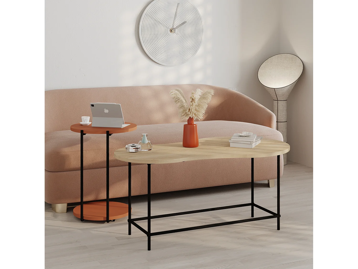 Decortie Chêne, Cannelle 65x102.5x53.8cm Tables gigognes 2 pièces Panneau de particules, Métal Table basse de rangement Cuddle