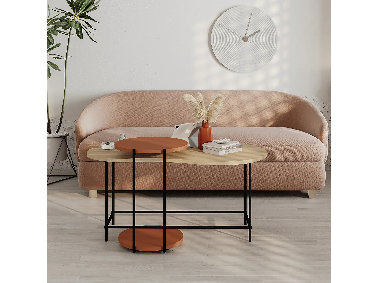 Decortie Chêne, Cannelle 65x102.5x53.8cm Tables gigognes 2 pièces Panneau de particules, Métal Table basse de rangement Cuddle