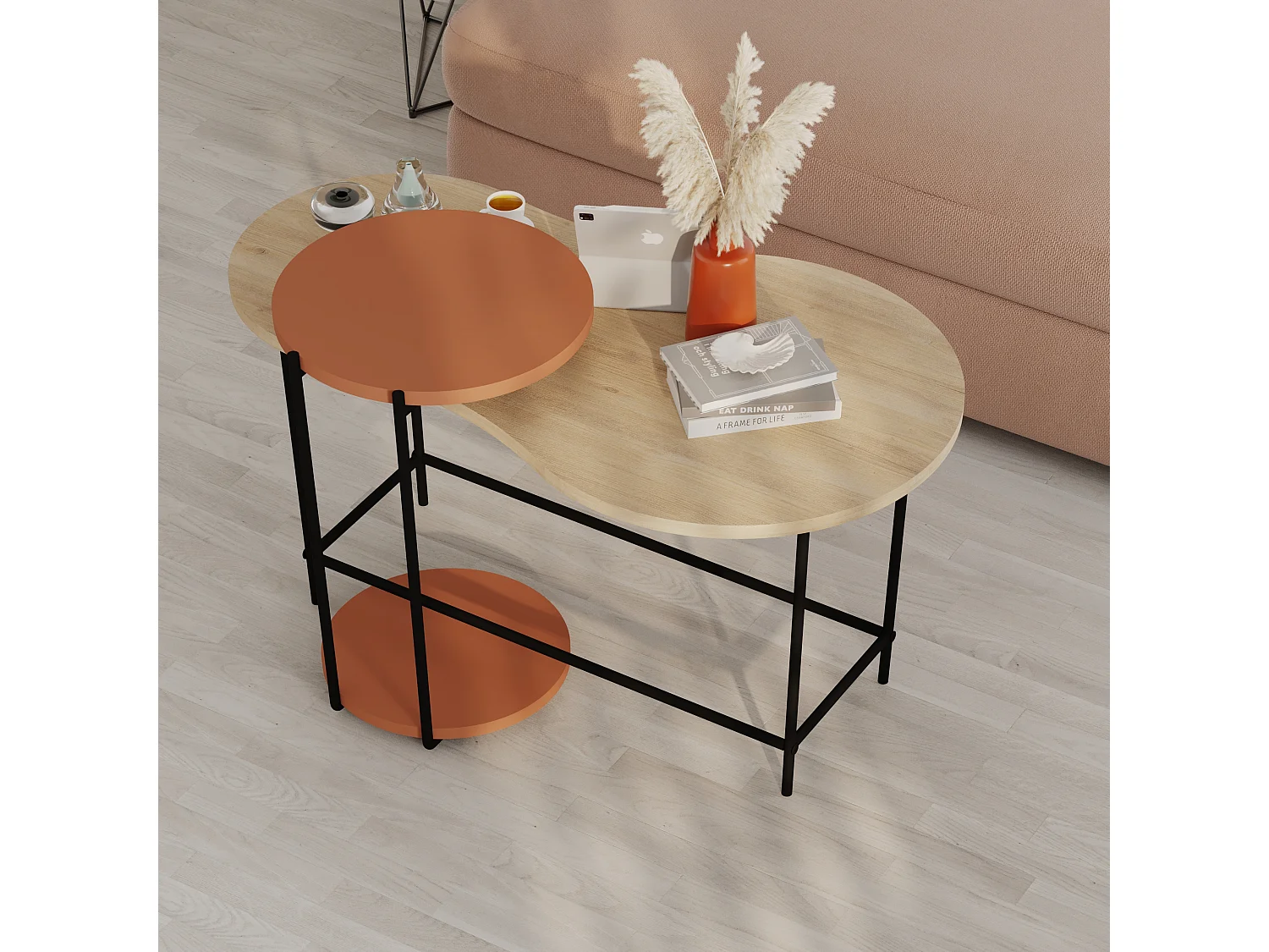 Decortie Chêne, Cannelle 65x102.5x53.8cm Tables gigognes 2 pièces Panneau de particules, Métal Table basse de rangement Cuddle