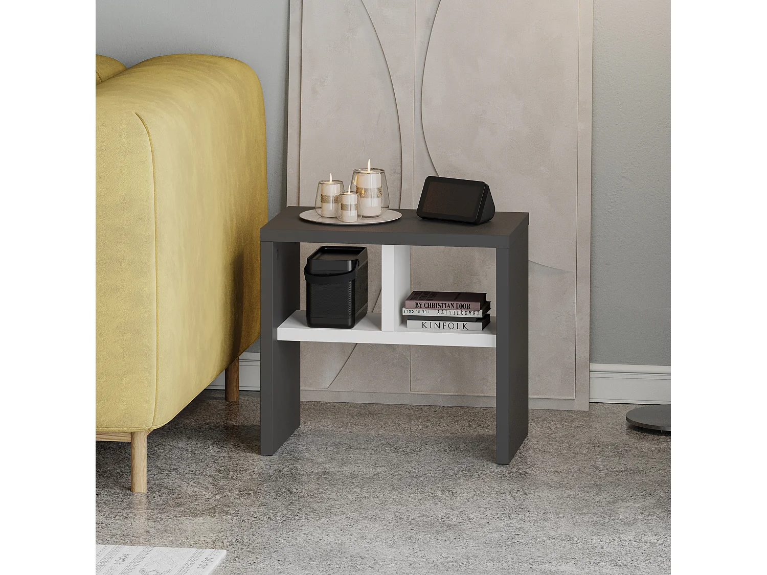 Decortie Gris Anthracite, Blanc 29.5x50x45cm Table en C Panneau de particules Table de canapé Komoti