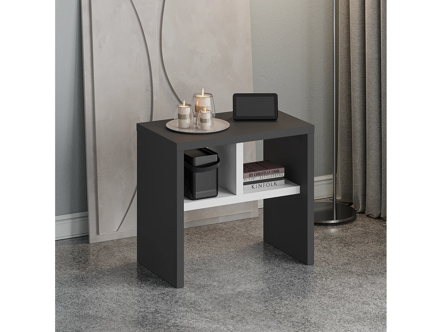 Decortie Gris Anthracite, Blanc 29.5x50x45cm Table en C Panneau de particules Table de canapé Komoti