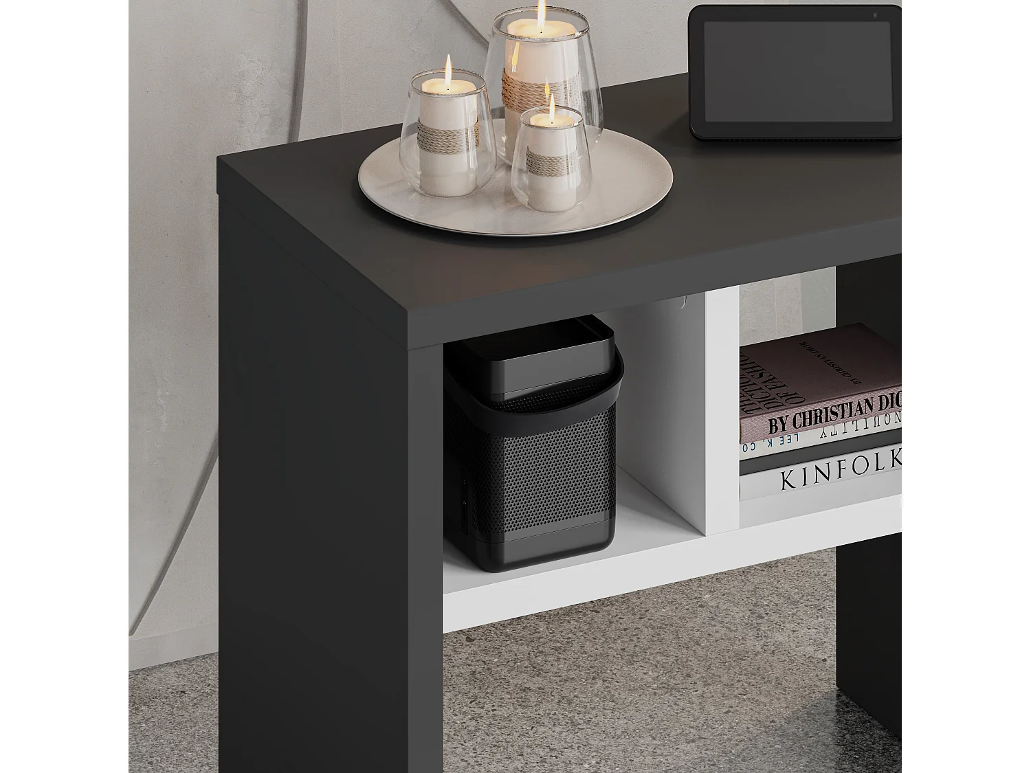 Decortie Gris Anthracite, Blanc 29.5x50x45cm Table en C Panneau de particules Table de canapé Komoti