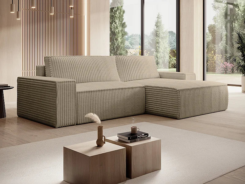 Kanapa narożna prawostronna rozkładana z szeroko prążkowanego sztruksu taupe - AMELIA