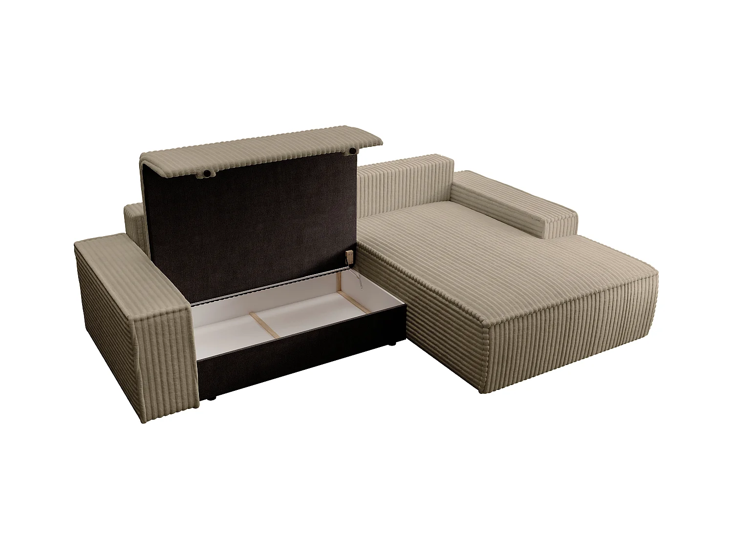 Canapé d'angle droit convertible en velours côtelé grosses côtes taupe AMELIA