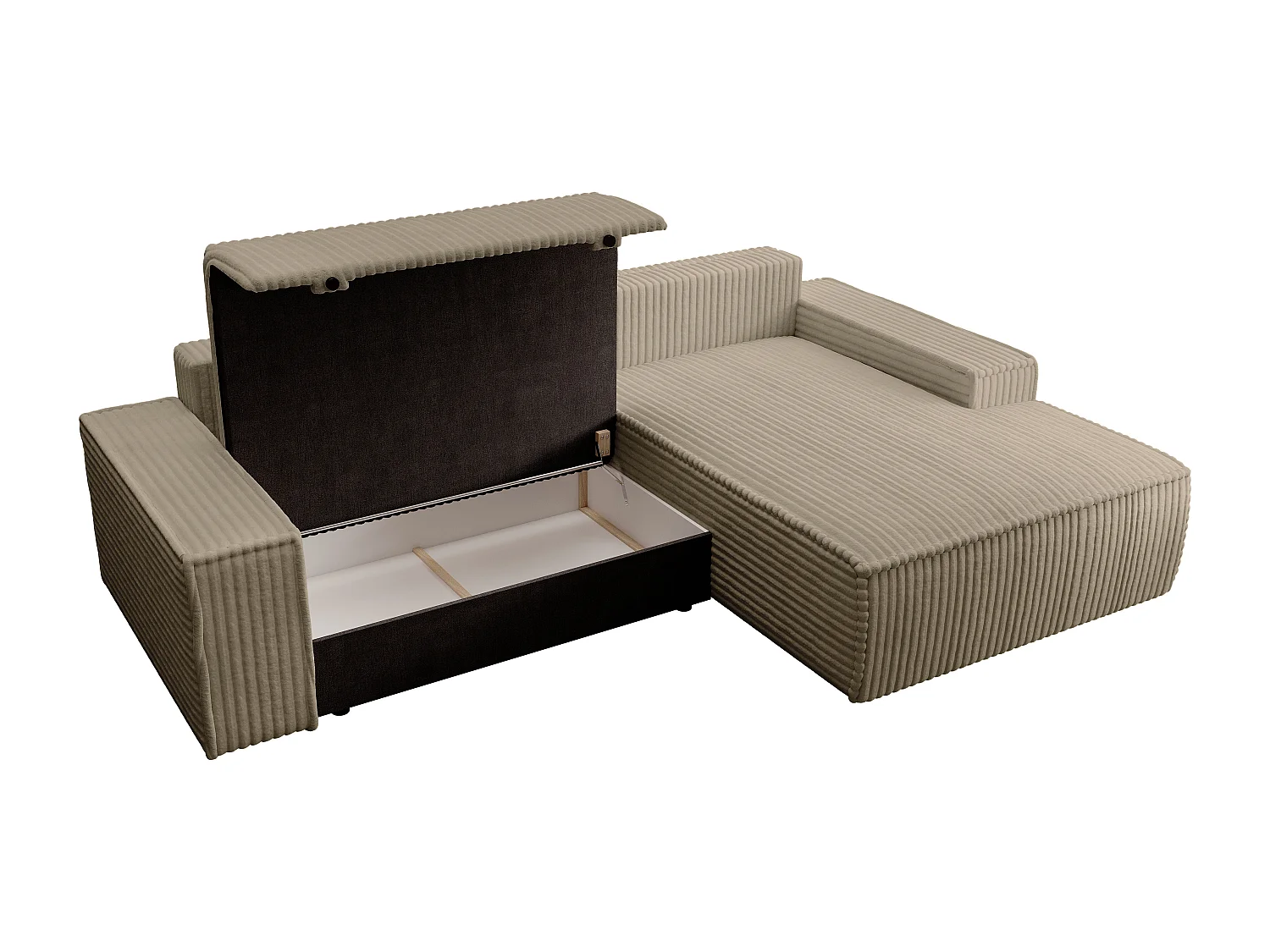 Canapé d'angle droit convertible en velours côtelé grosses côtes taupe AMELIA