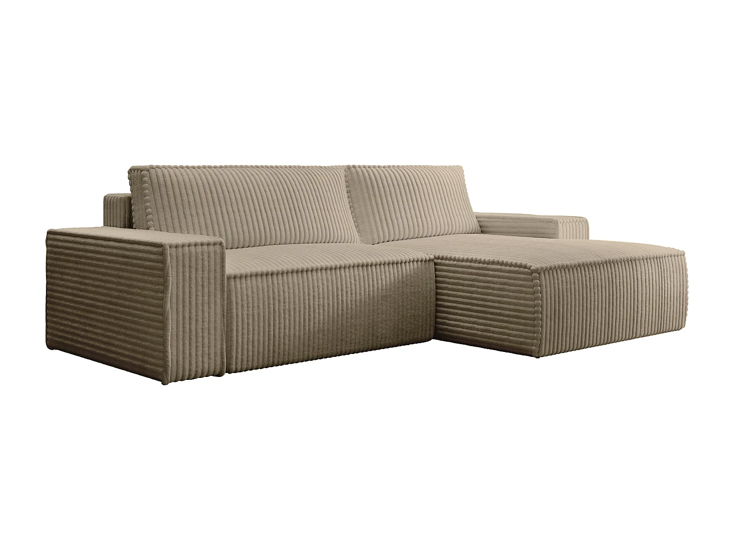 Canapé d'angle droit convertible en velours côtelé grosses côtes taupe AMELIA