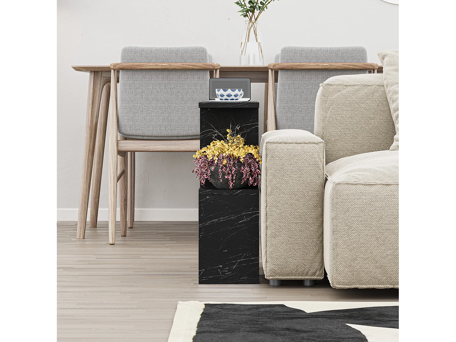 Decortie Effet Marbre Noir Mat 19.5x60x60cm Table d'appoint à 2 niveaux Aggloméré Table latérale rectangulaire Homemania