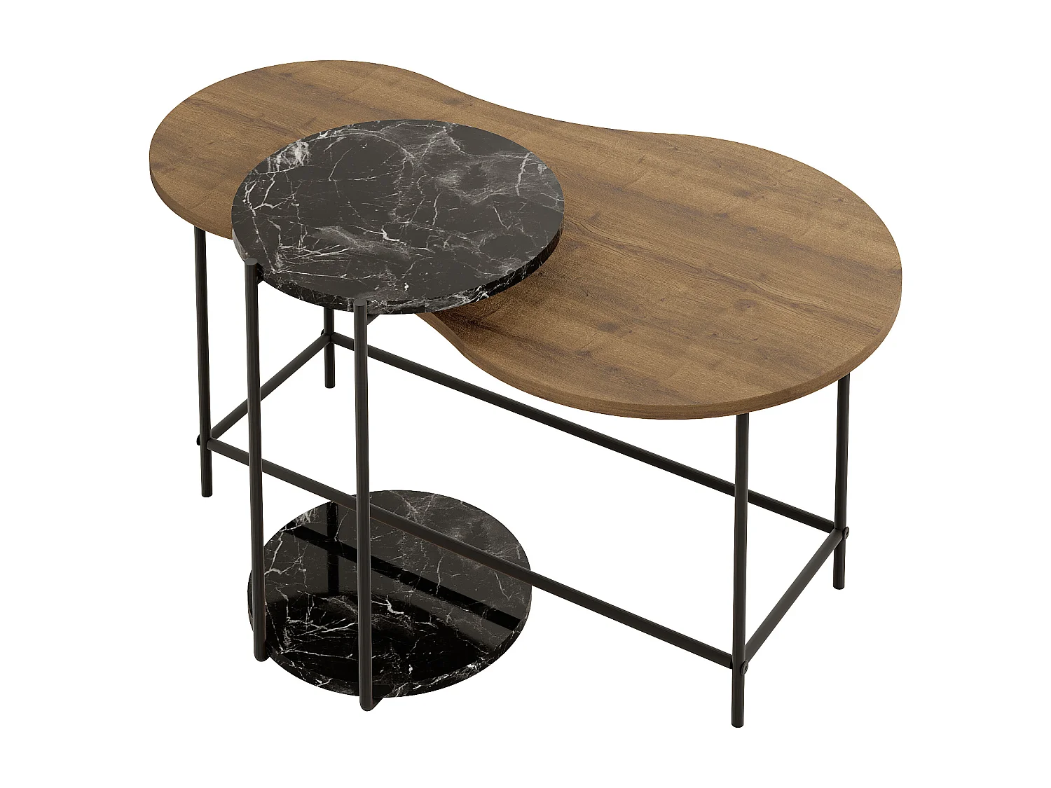 Decortie Chêne Foncé, Effet Marbre Noir Mat 65x102.5x53.8cm Tables gigognes 2 pièces Panneau de particules, Métal Table basse