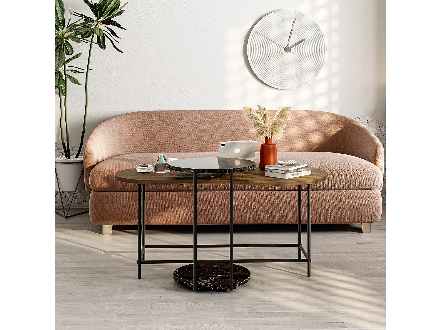 Decortie Chêne Foncé, Effet Marbre Noir Mat 65x102.5x53.8cm Tables gigognes 2 pièces Panneau de particules, Métal Table basse