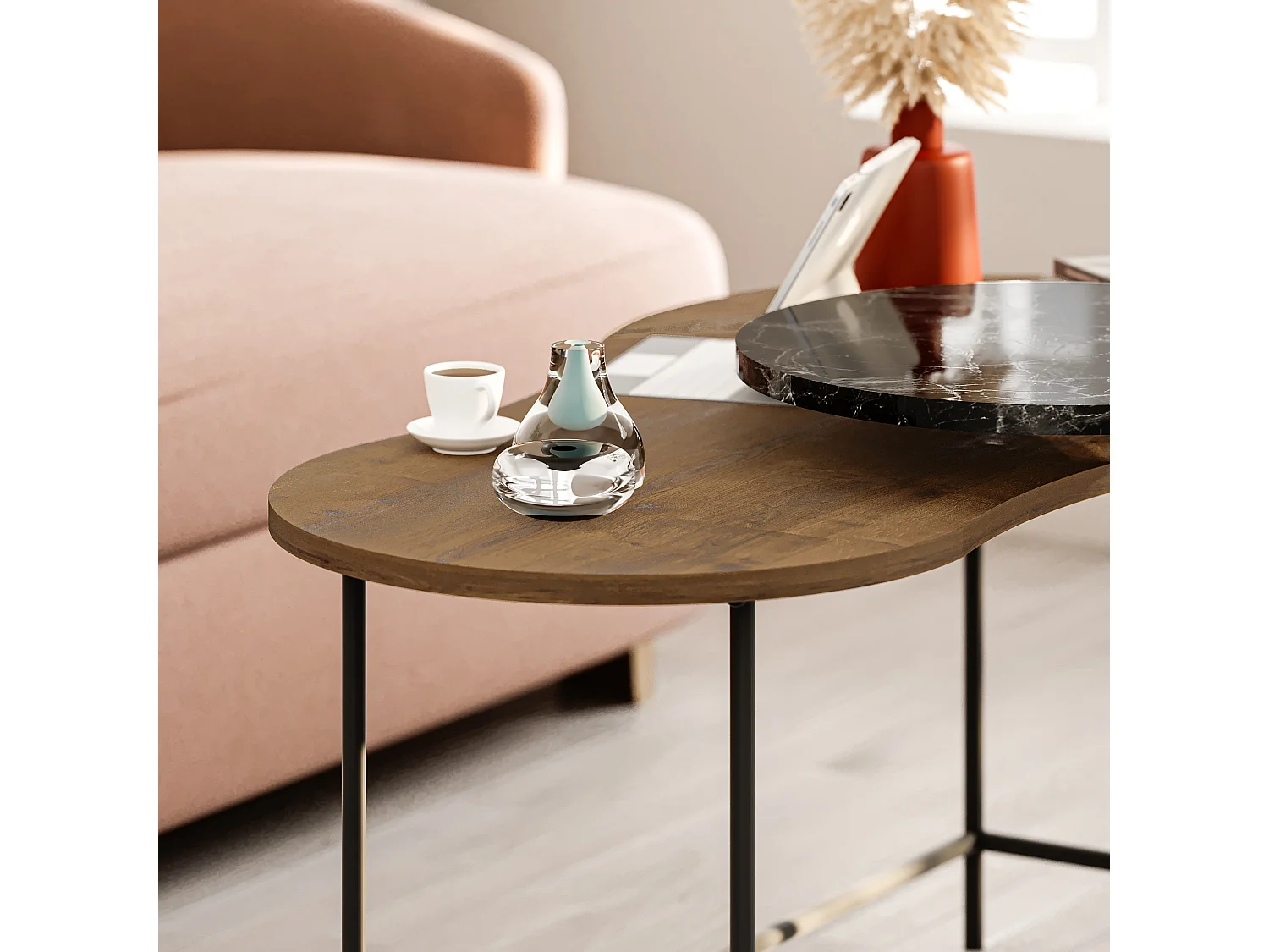 Decortie Chêne Foncé, Effet Marbre Noir Mat 65x102.5x53.8cm Tables gigognes 2 pièces Panneau de particules, Métal Table basse