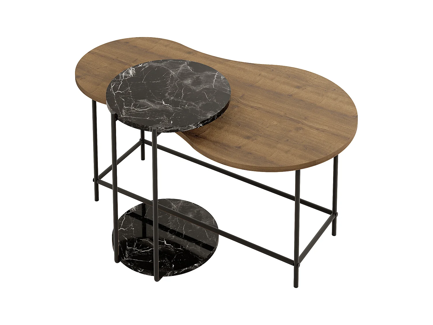 Decortie Chêne Foncé, Effet Marbre Noir Mat 65x102.5x53.8cm Tables gigognes 2 pièces Panneau de particules, Métal Table basse