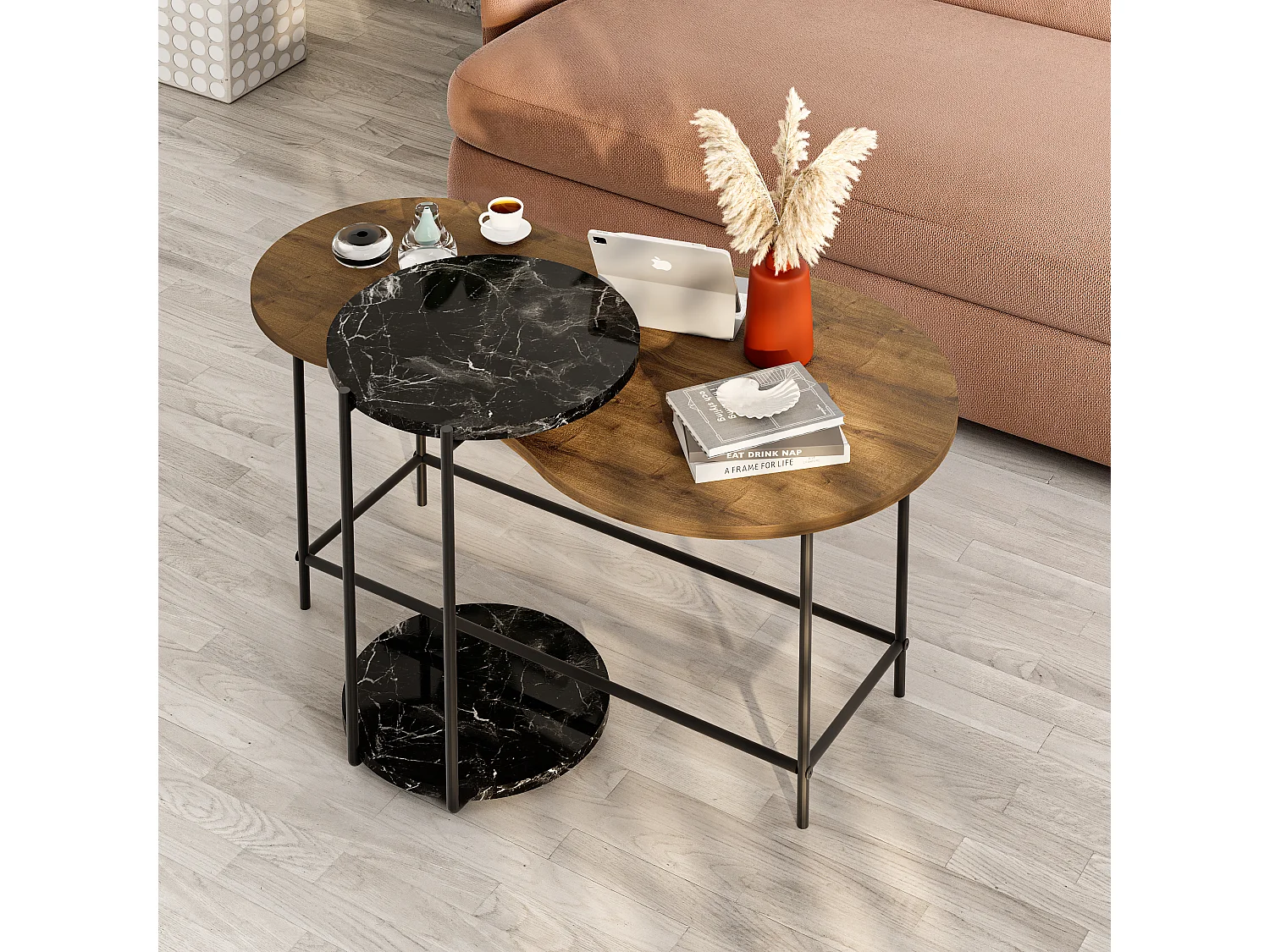 Decortie Chêne Foncé, Effet Marbre Noir Mat 65x102.5x53.8cm Tables gigognes 2 pièces Panneau de particules, Métal Table basse