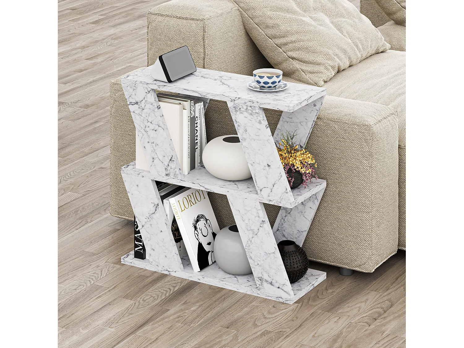 Decortie Effet Marbre Blanc 21.2x60x55.4cm Table d'appoint à 2 niveaux Panneau de particules Table d'appoint rectangulaire Lazena