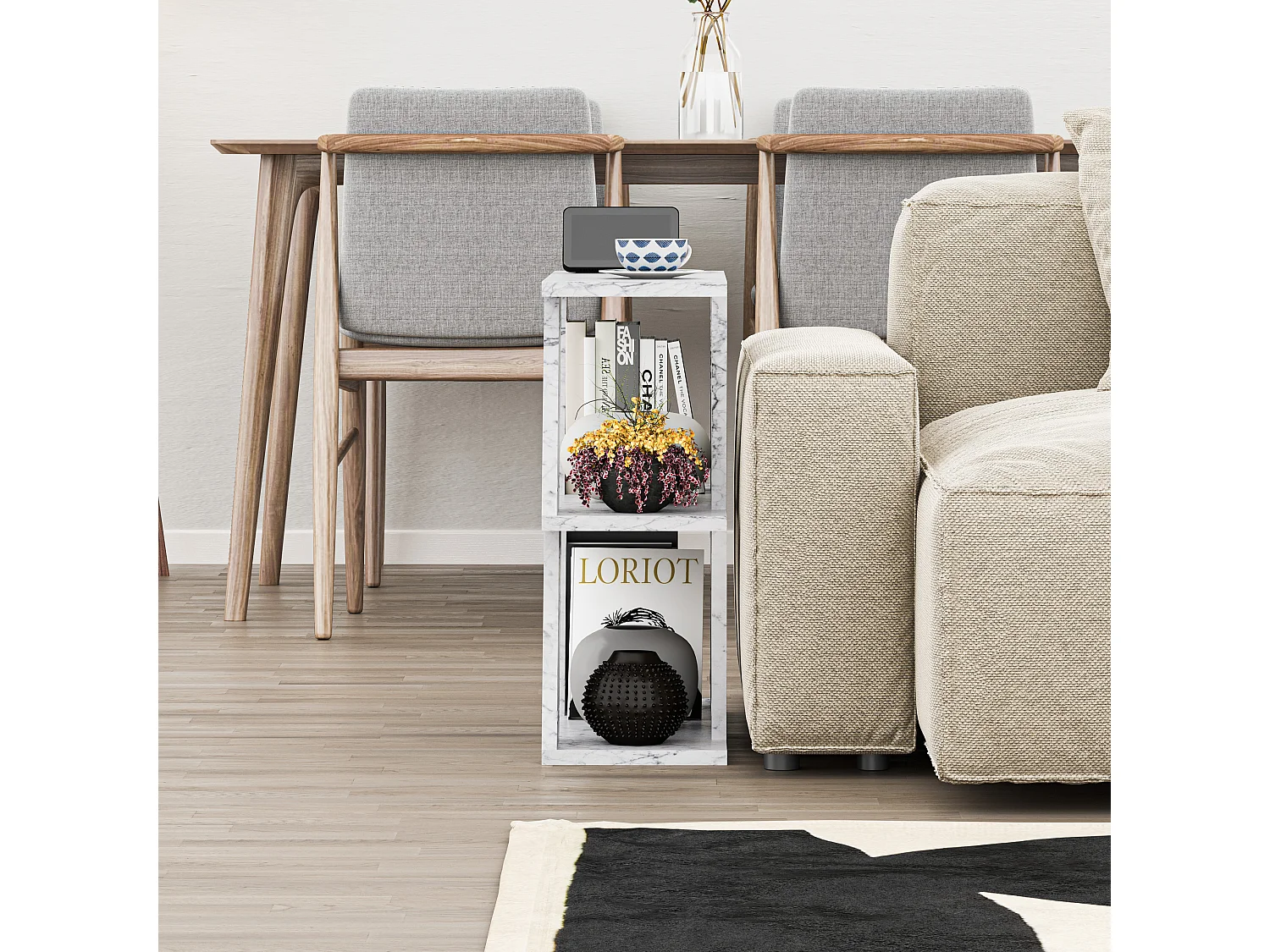 Decortie Effet Marbre Blanc 21.2x60x55.4cm Table d'appoint à 2 niveaux Panneau de particules Table d'appoint rectangulaire Lazena