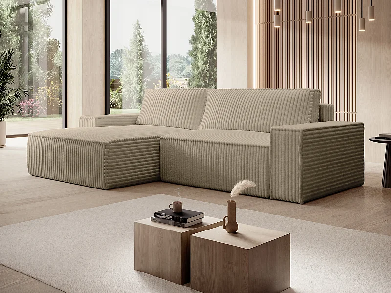 Canapé d'angle gauche convertible en velours côtelé grosses côtes taupe AMELIA