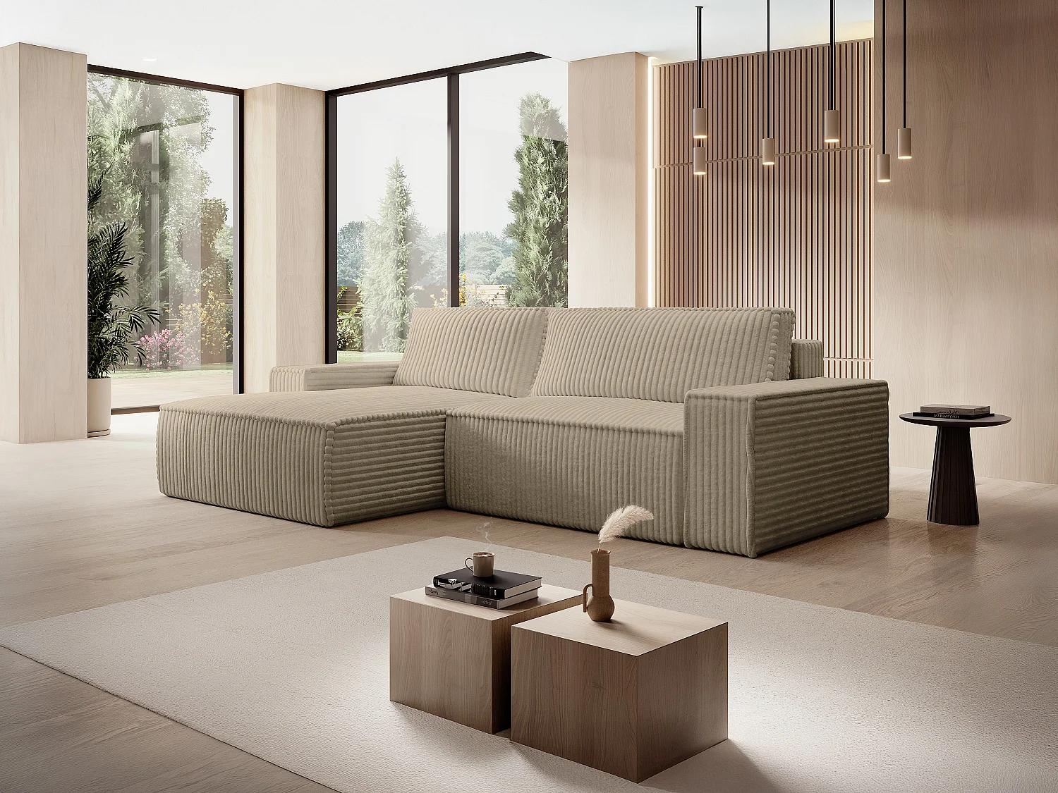 Canapé d'angle gauche convertible en velours côtelé grosses côtes taupe AMELIA