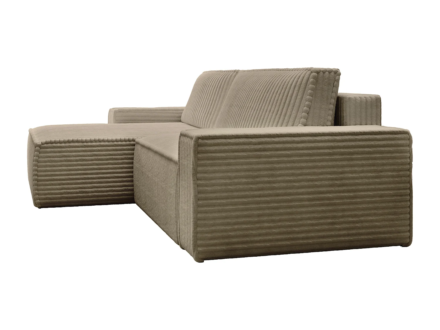 Hoekslaapbank met hoek links van taupegrijs ribfluweel met brede ribbels AMELIA