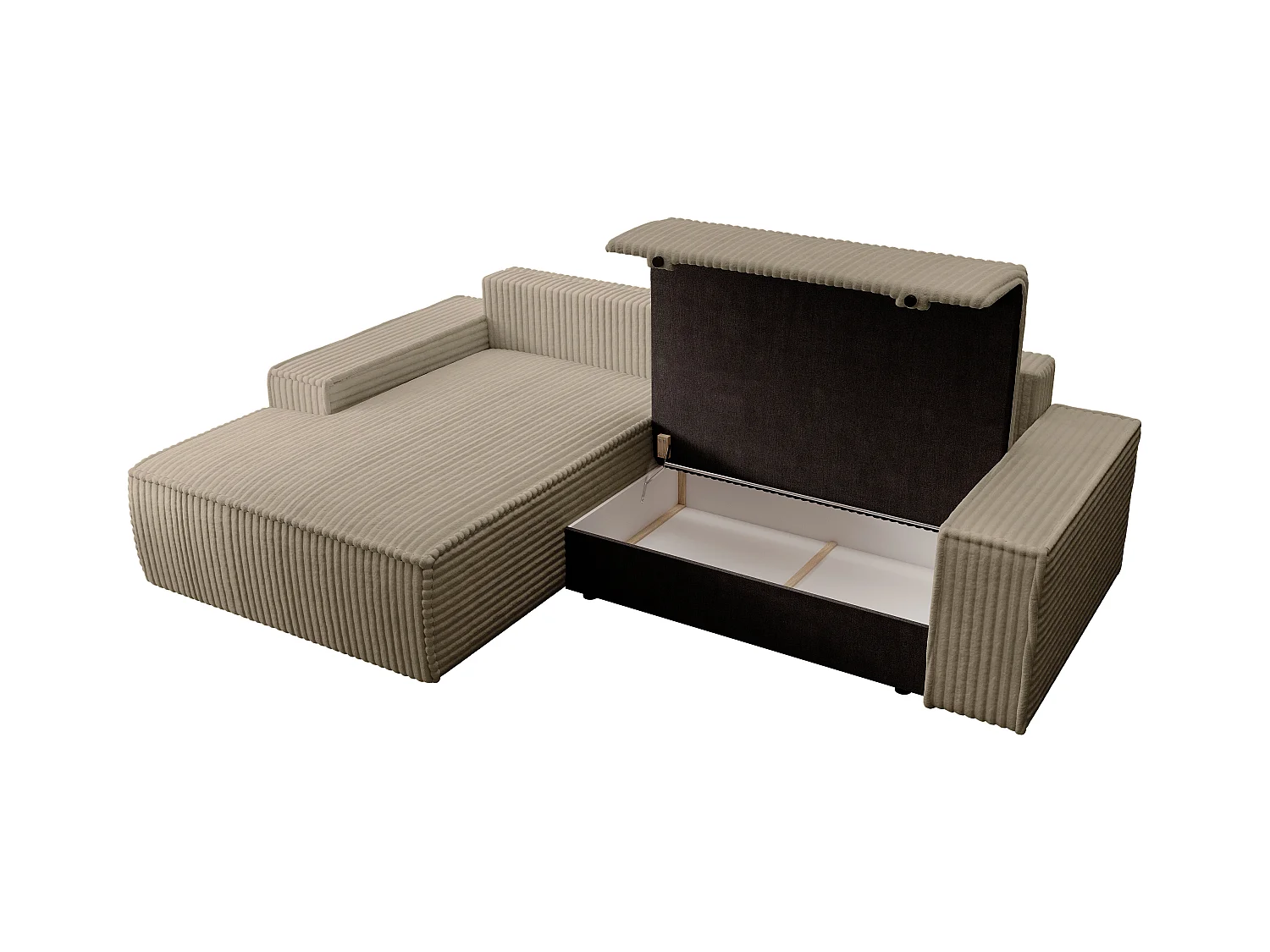 Hoekslaapbank met hoek links van taupegrijs ribfluweel met brede ribbels AMELIA