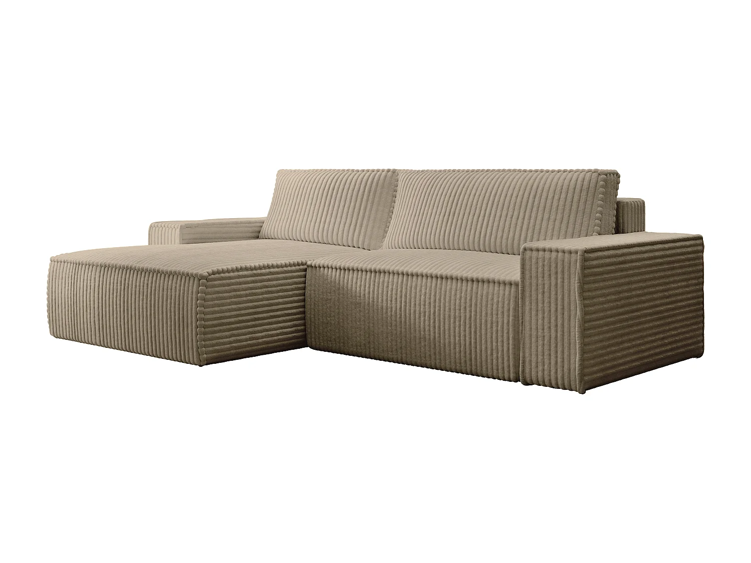 Hoekslaapbank met hoek links van taupegrijs ribfluweel met brede ribbels AMELIA