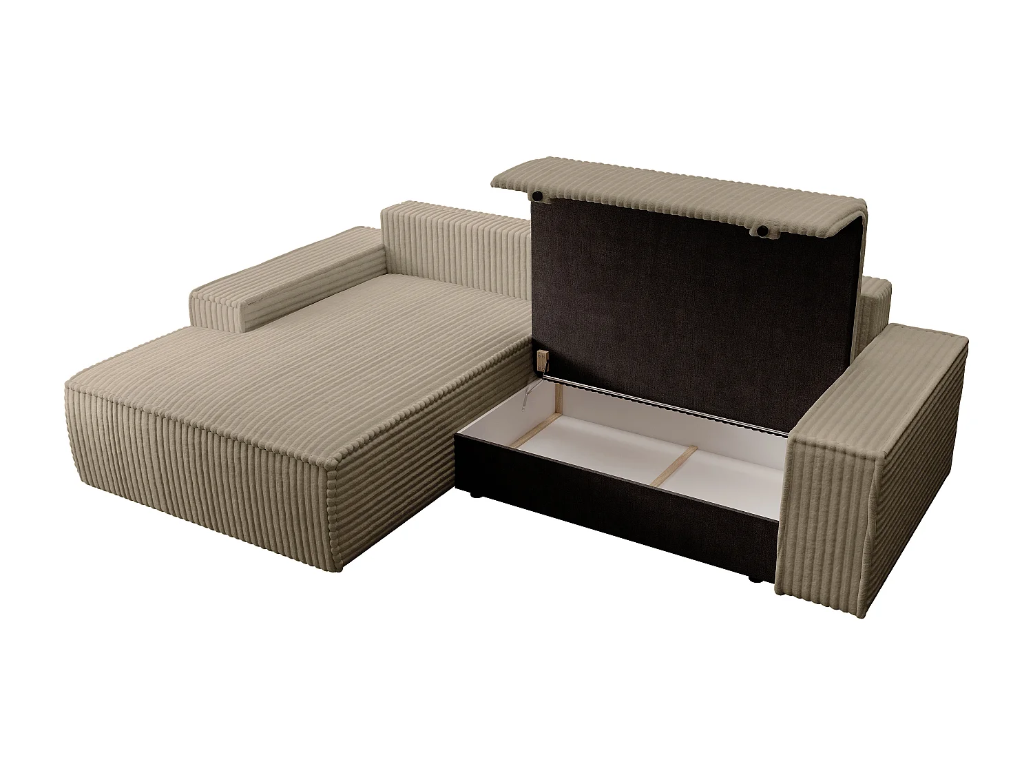 Hoekslaapbank met hoek links van taupegrijs ribfluweel met brede ribbels AMELIA