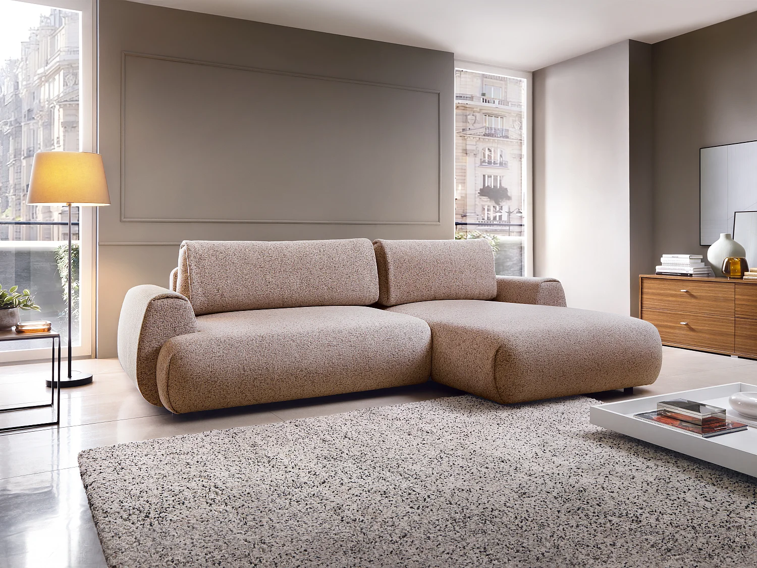 Sofá de canto direito convertível em tecido mesclado cor-de-rosa - MONELIA