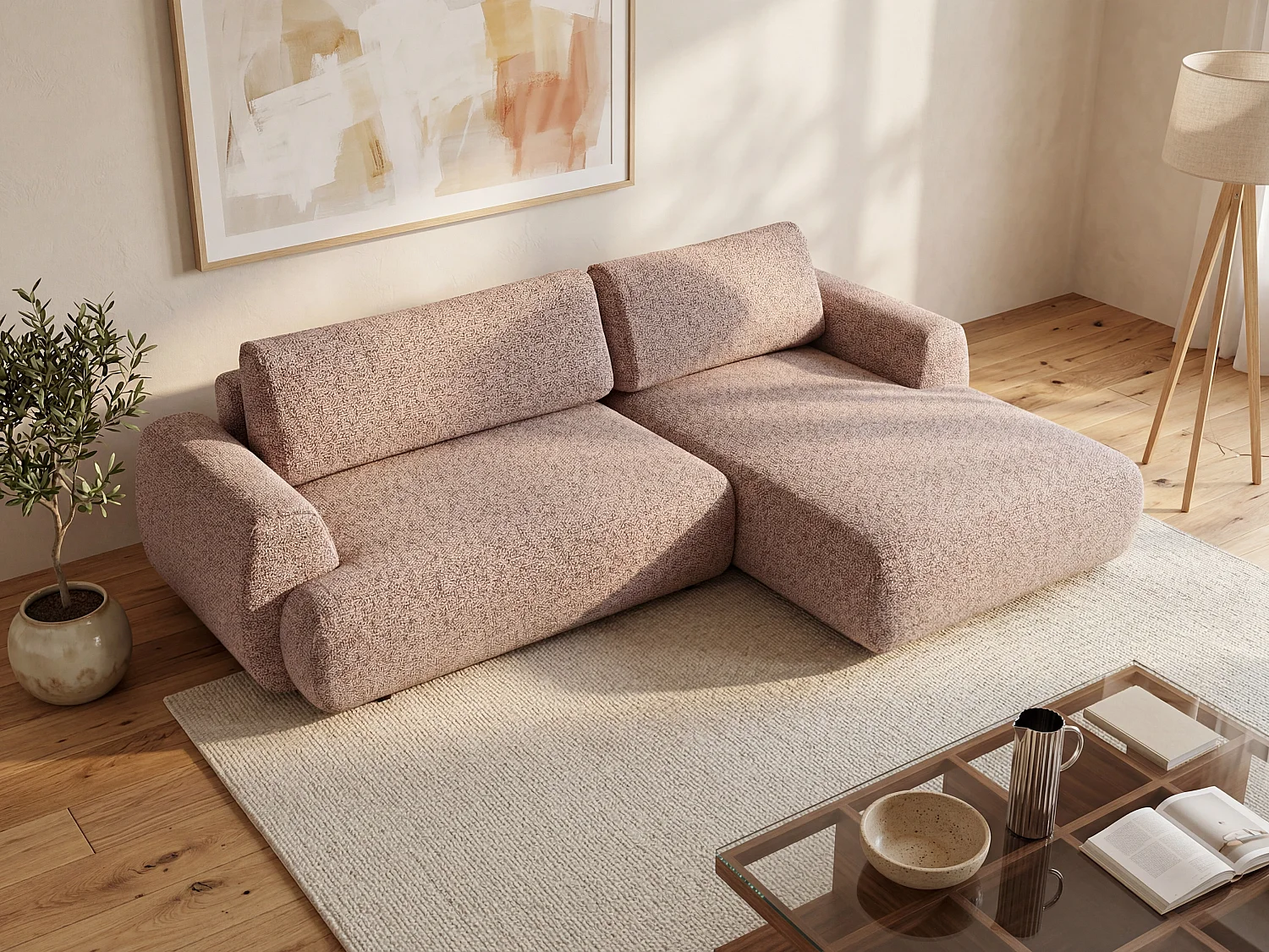 Canapé d'angle droit convertible en tissu chiné rose MONELIA